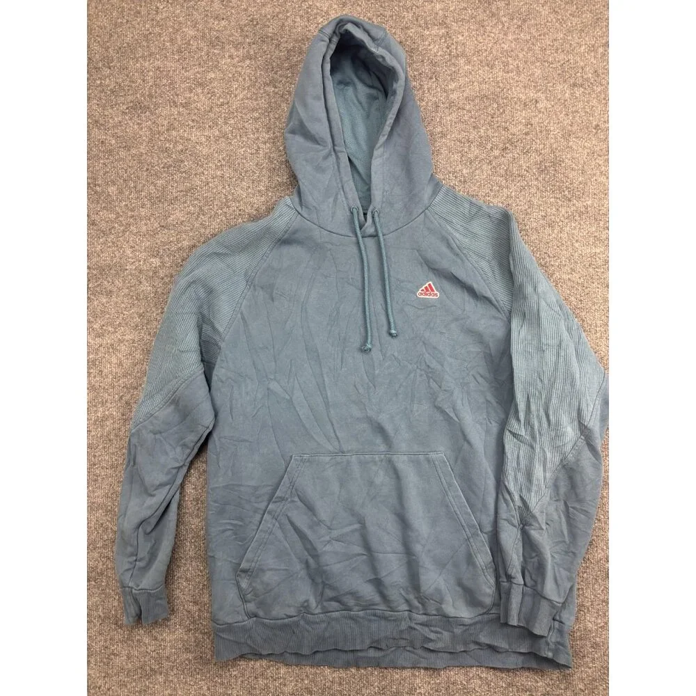 Adidas Hoodie Mens Large Blue Pullover Sweatshirt‎ Textured Sleeve Logo Athletic